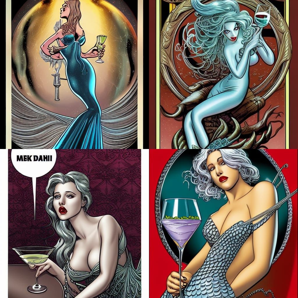Silver Mermaid Sings in Martini Glass: Comic Art