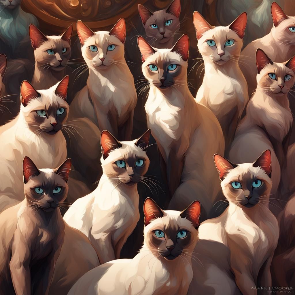 Siamese Cats Await Food, Digital Art Portrait
