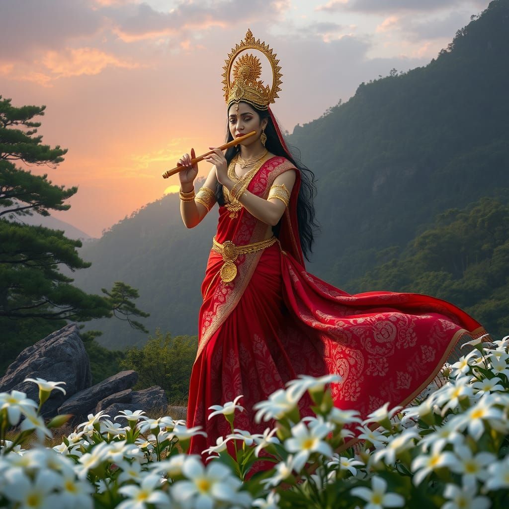 Goddess Durga Playing Flute in Himalayan Landscape
