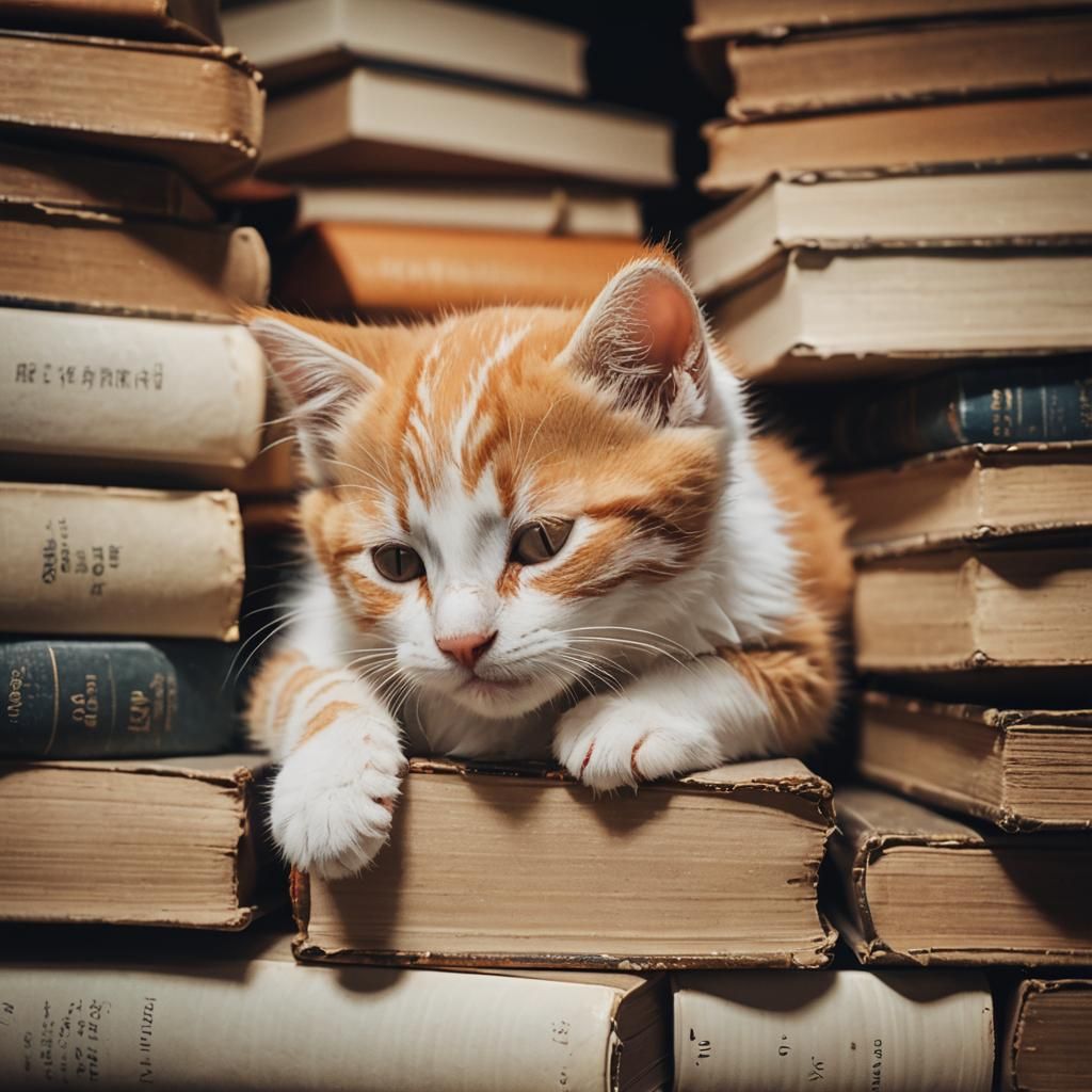 Cute Kitten Sleeps on Books, Cinematic Still