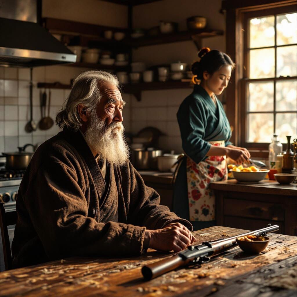 Aged Man with Beard Gazes Towards Japanese Scene, Painterly ...