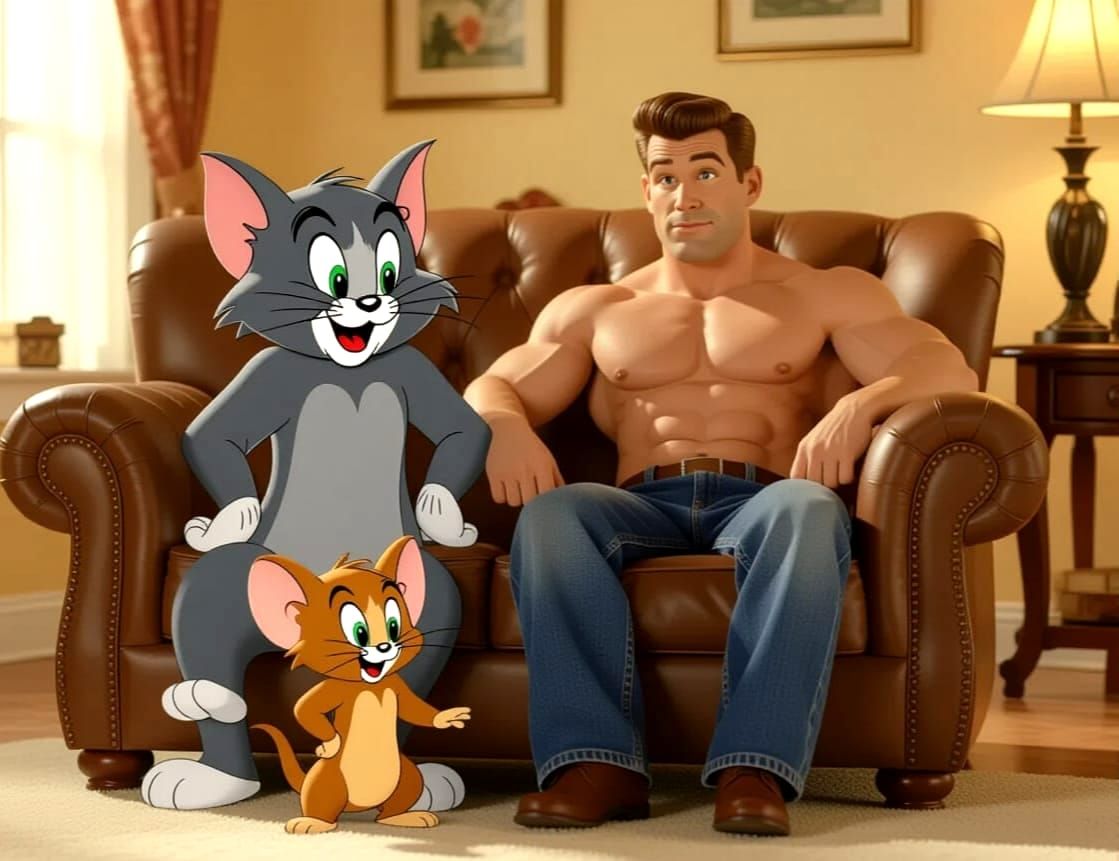Tom and Jerry with a Muscular Man in Cozy Living Room