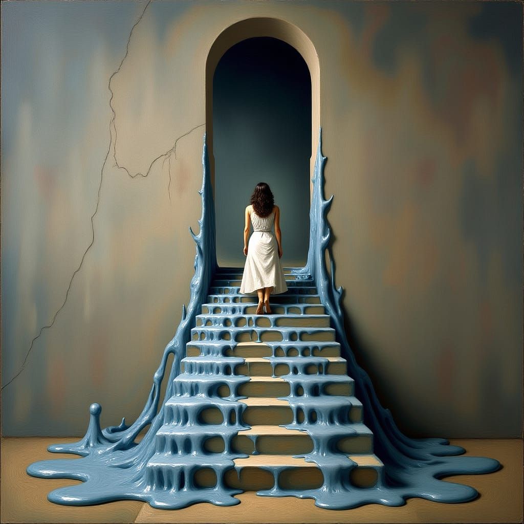 Surreal Staircase Ascends in Melting Oil Canvas
