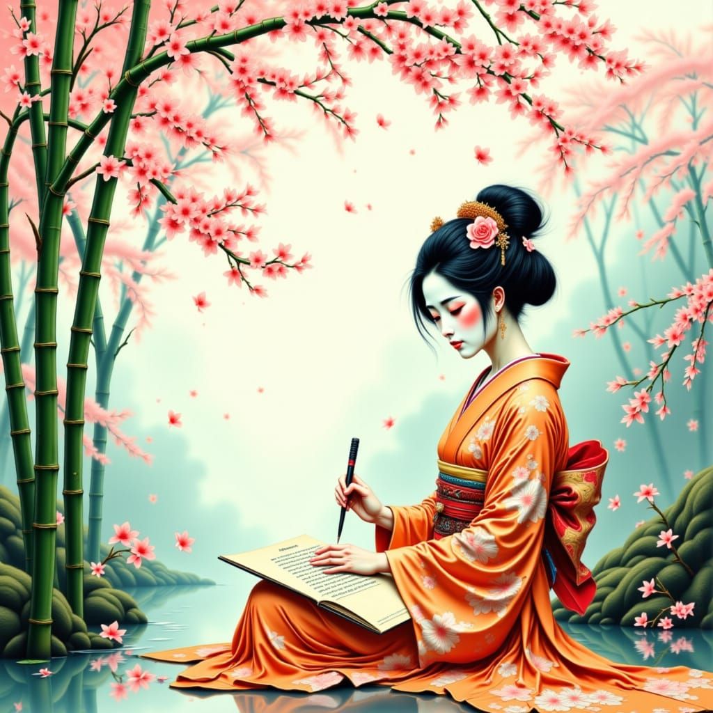 Geisha Practicing Calligraphy in Bamboo Garden