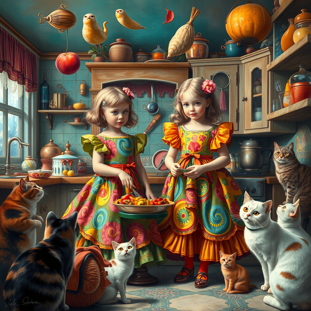 Girls Cooking Feast in Surreal Pop Art Kitchen