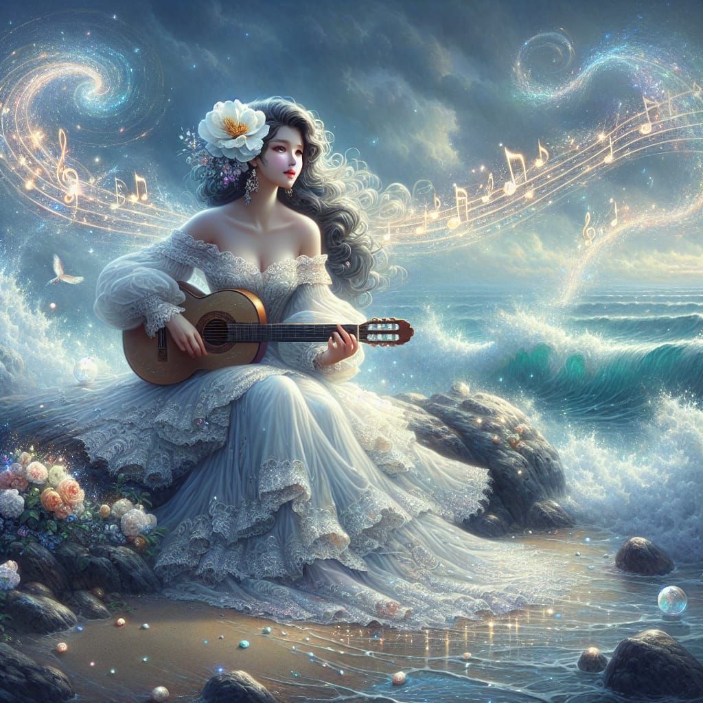 Elegant Lady's Magical Guitar Serenade: Digital Painting