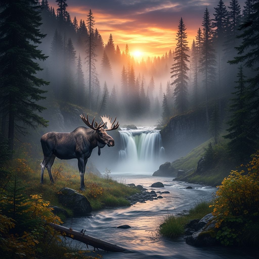 Majestic Moose in Misty Forest at Sunrise