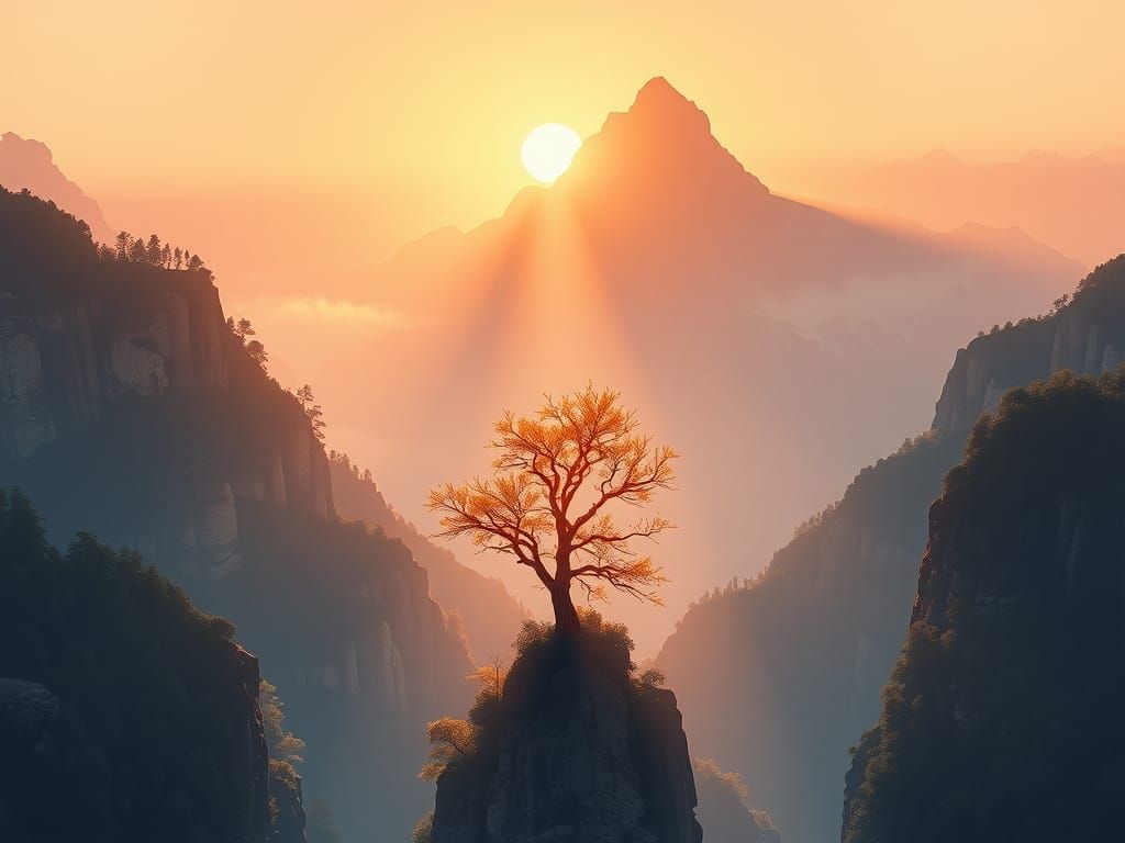 Ethereal Landscape with Golden Tree in Watercolor Style