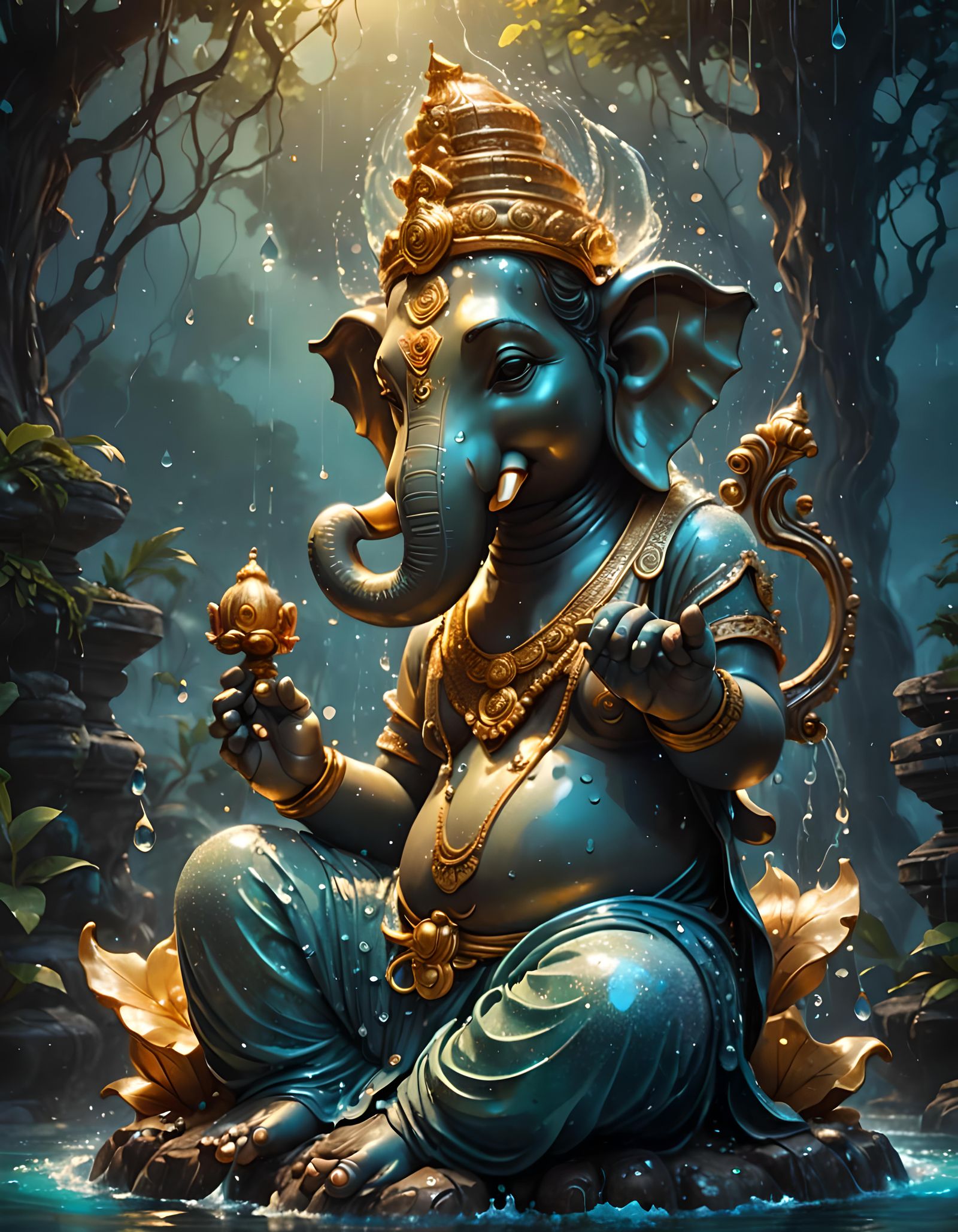 Blue Water Ganesha: Hyperdetailed 3D Digital Art