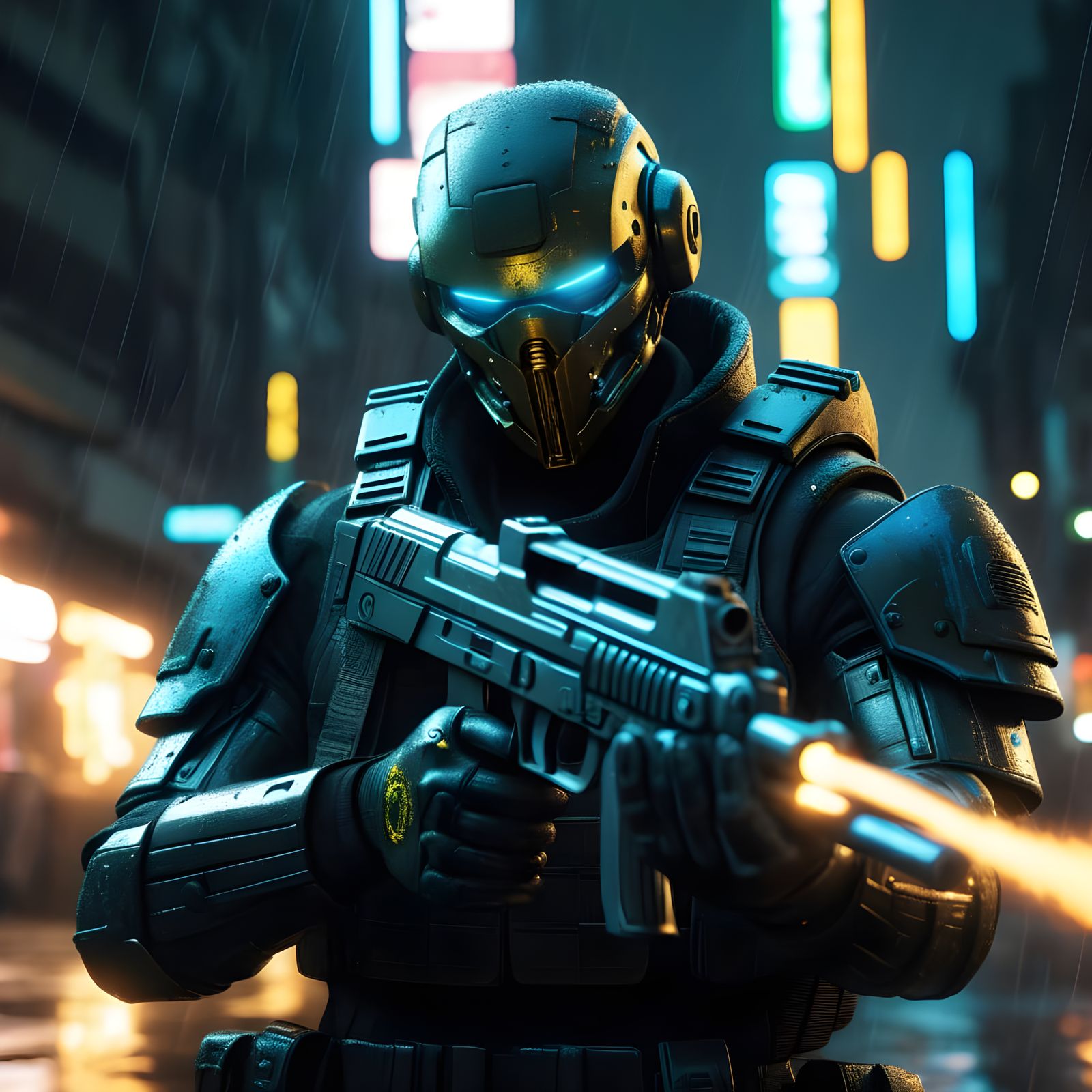 Cybernetic Soldier in Rain with Glowing Pistol