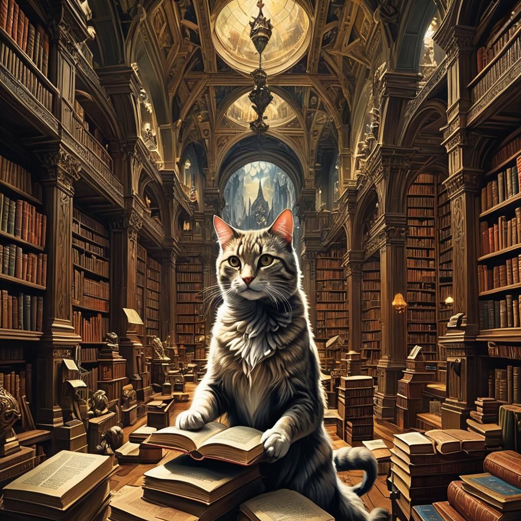 Gothic Library with Cats and Scholar
