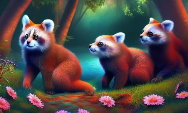 Red Pandas Play in Fantasy Wildlife Painting