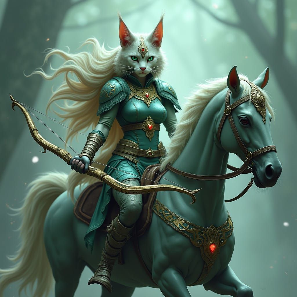 Mystic Feline Warrior Rides Great Steed with Glowing Magical...