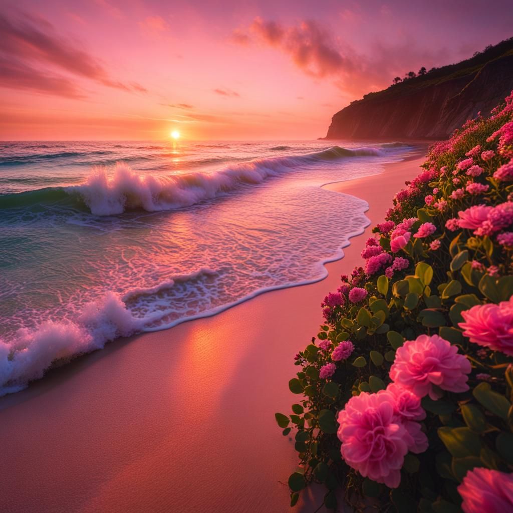 Ocean Sunset with Pink Sand Beach in Cinematic Style