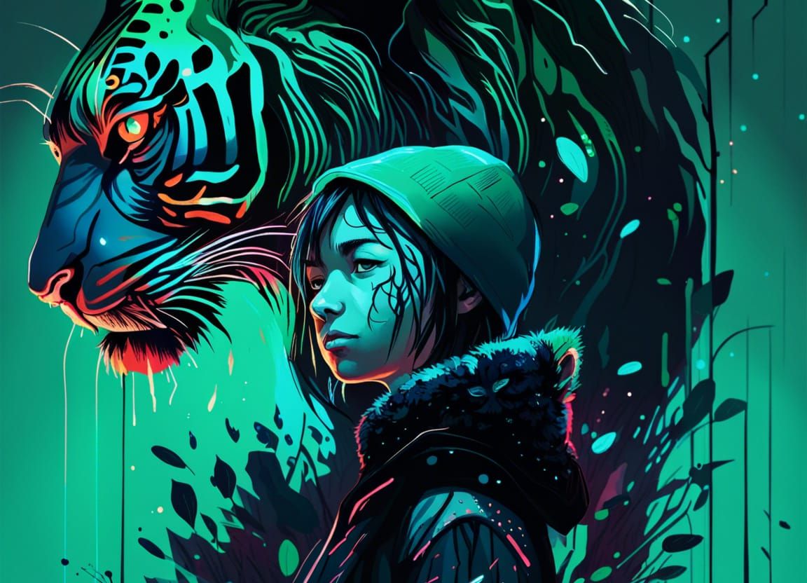 Tiger-Headed Human in a Modern Night City