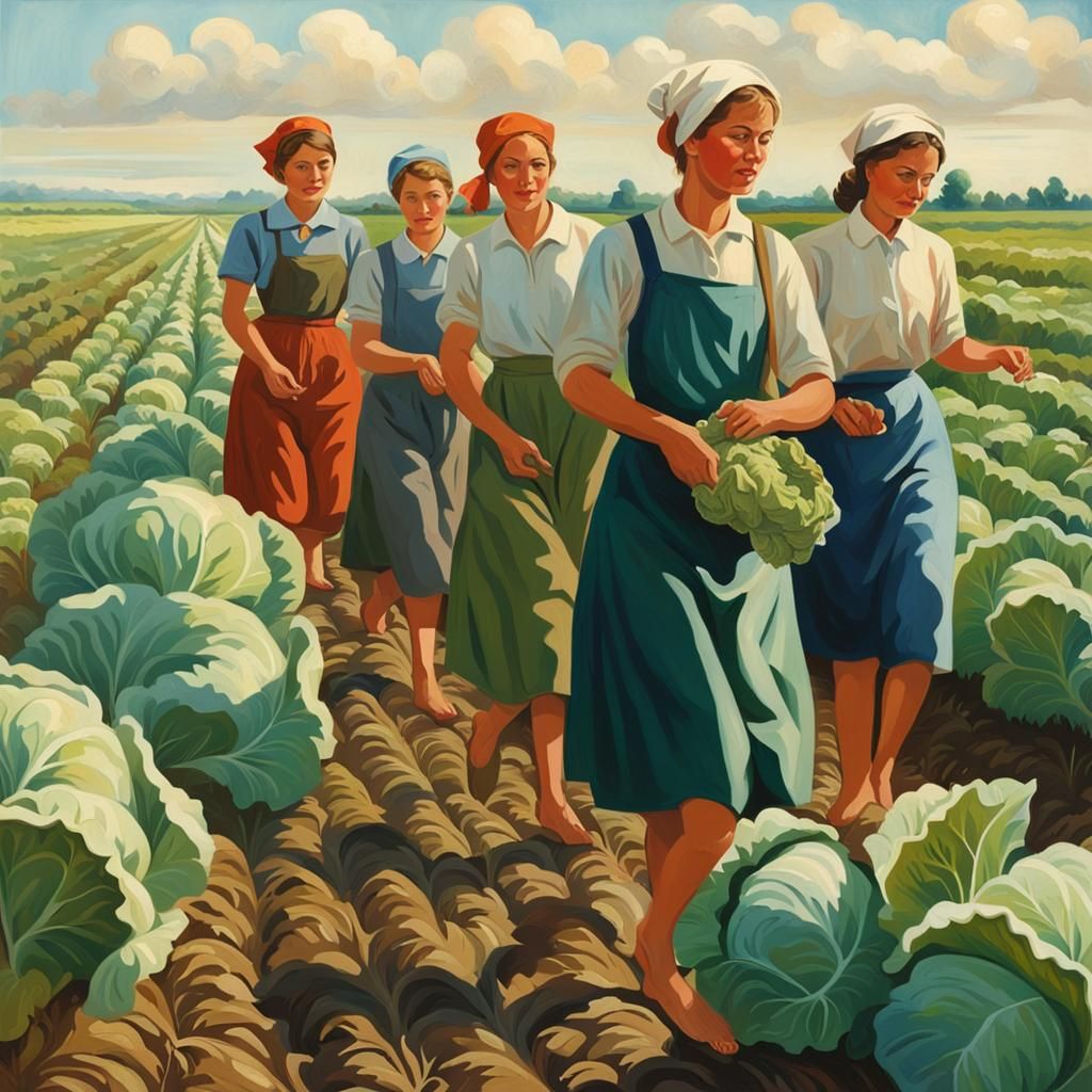 Women Working in Cabbage Field in Social Realism Style