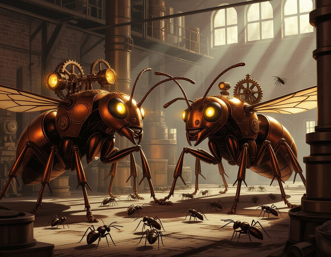 Colossal Copper Steampunk Ants in Factory