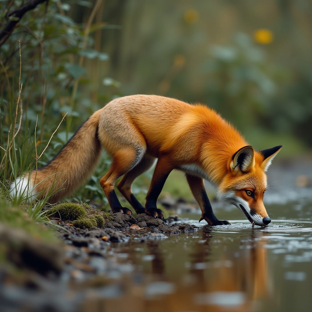 Nine-Tailed Fox Drinking from Stream