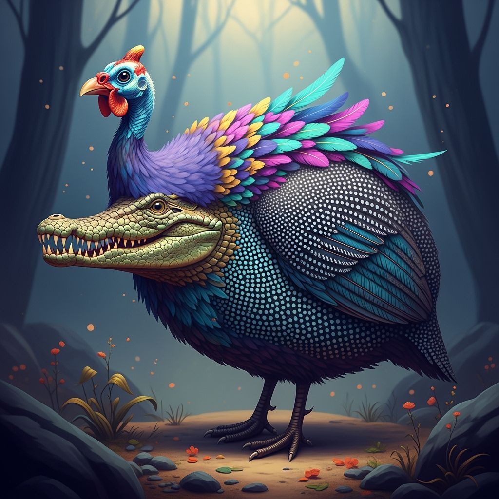 Iridescent Guinea Fowl and Crocodile Hybrid in Fantasy Art