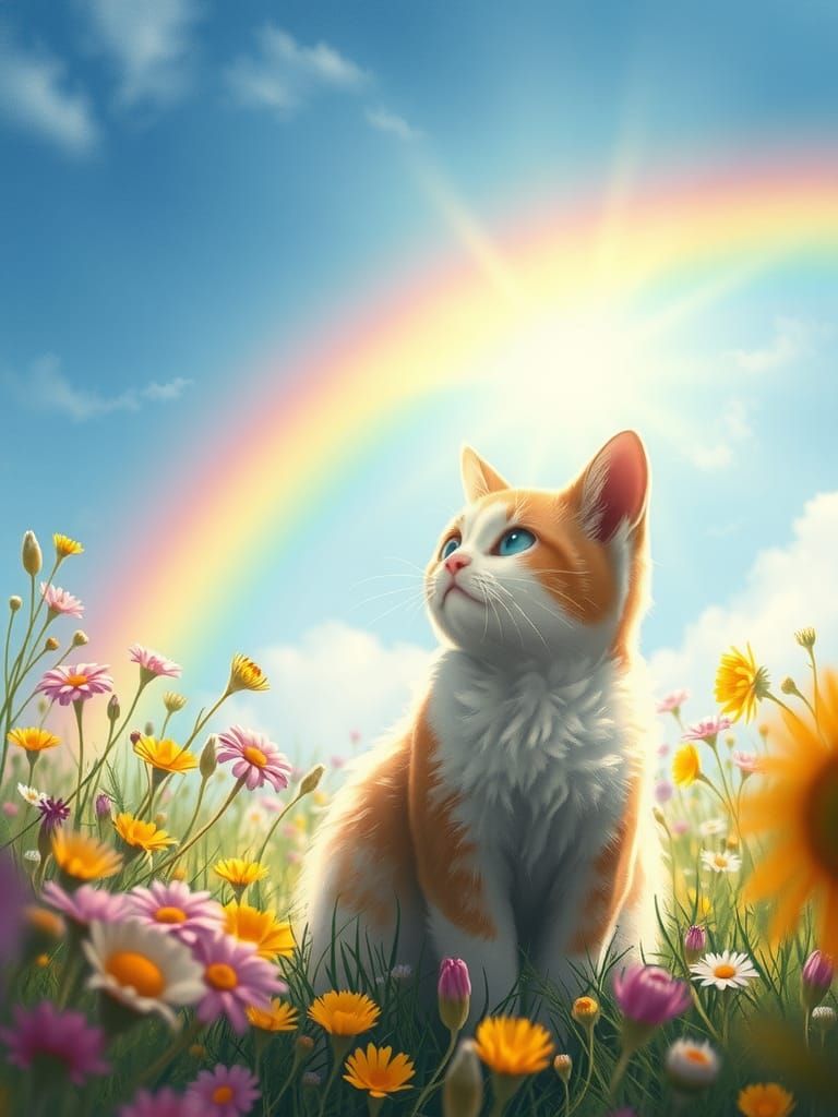 Cat Staring at Rainbow in Dreamy Meadow