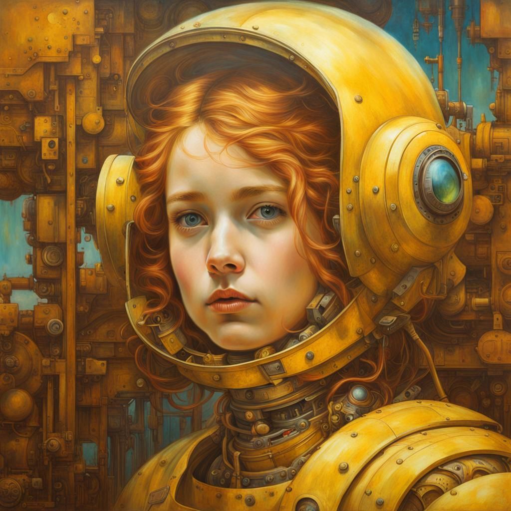 Rusted Robot Girl Portrait as Detailed Pencil Sketch