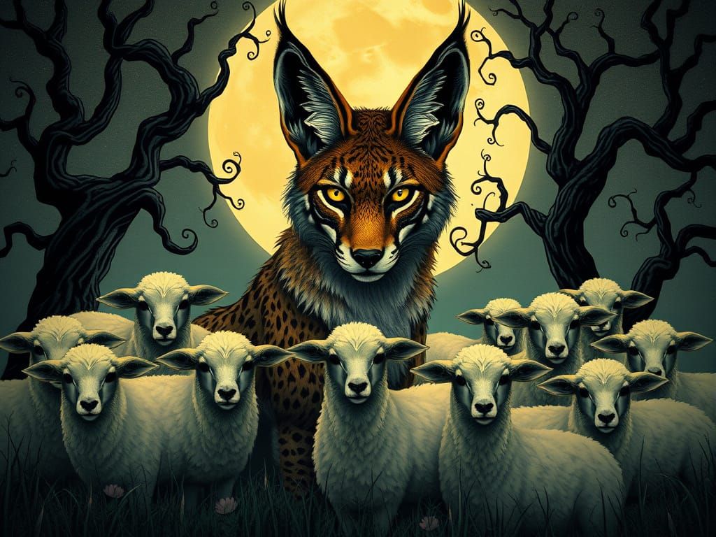 Ethereal Jackal and Sheep in Art Nouveau Gothic Fantasy