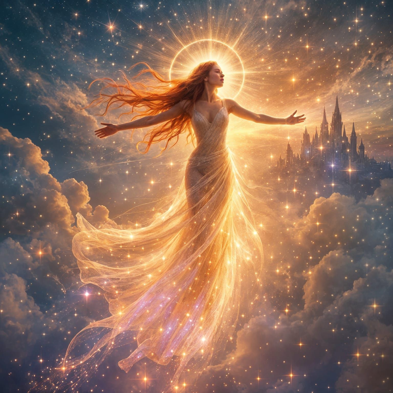 Ethereal Woman Ascends as Angelic Light Being