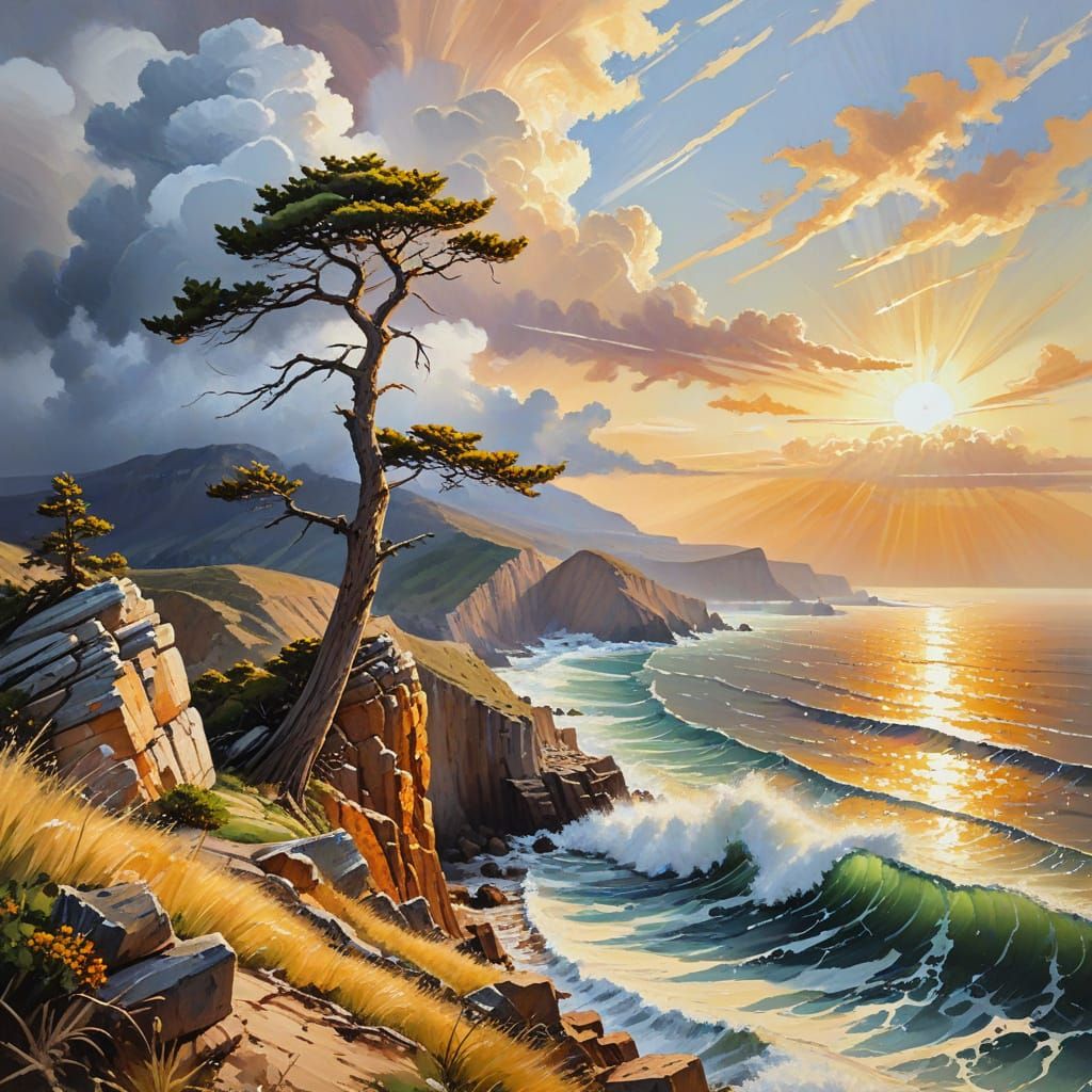 Impressionist Pine Tree on Cliff Edge Gouache Painting