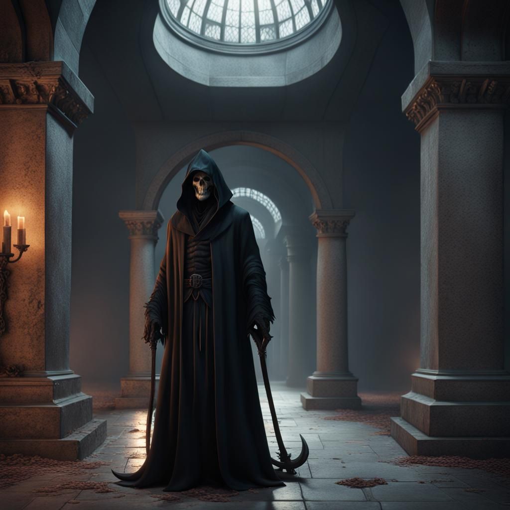 Modern Grim Reaper in Crypt: Detailed Matte Painting