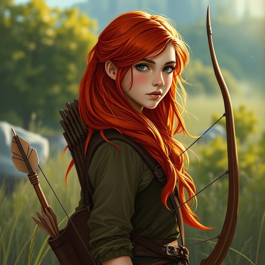 Girl with Fiery Red Hair Takes Aim in a Vivid Realistic Land...