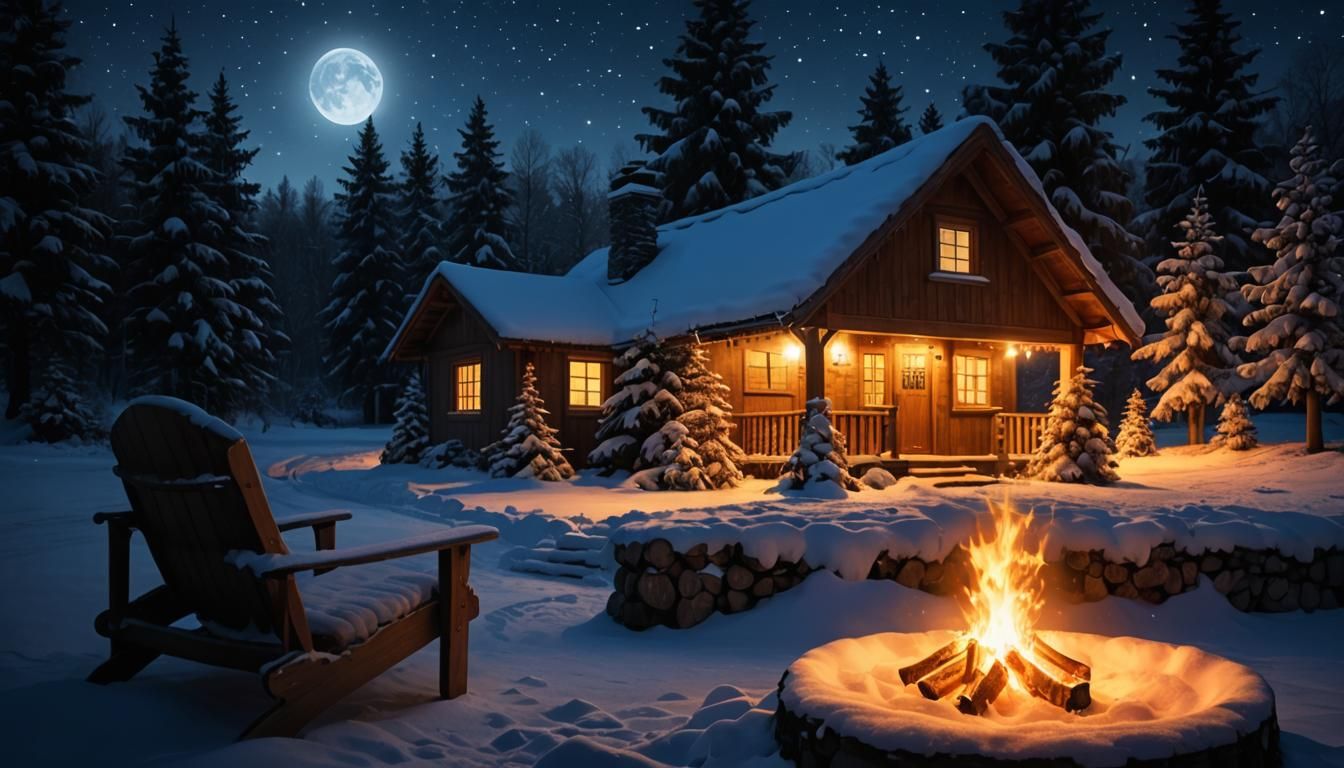Winter Cottage Under a Starry Night Sky