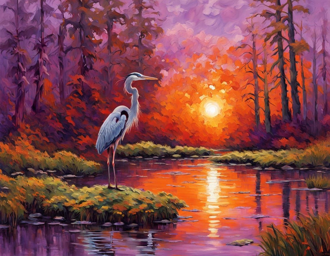 Ethereal Blue Heron in Impressionist Oil Painting Style