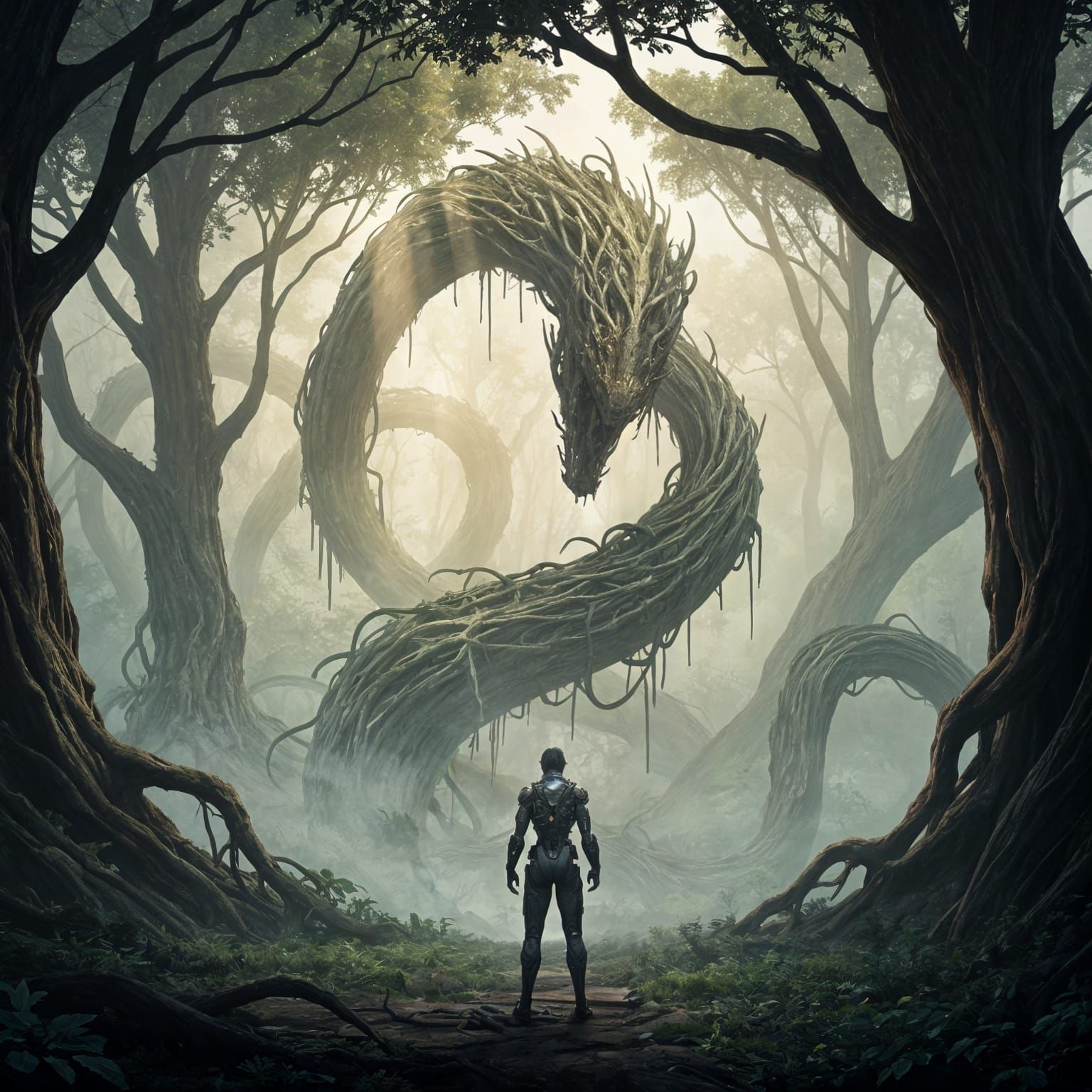 Cyborg Confronts Bioluminescent Monster, Digital Matte Paint...