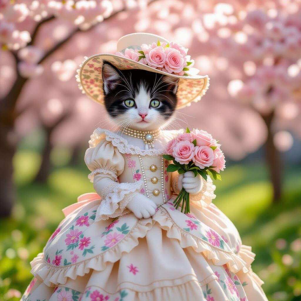 Calico Kitten in Victorian Gown with Cherry Blossoms
