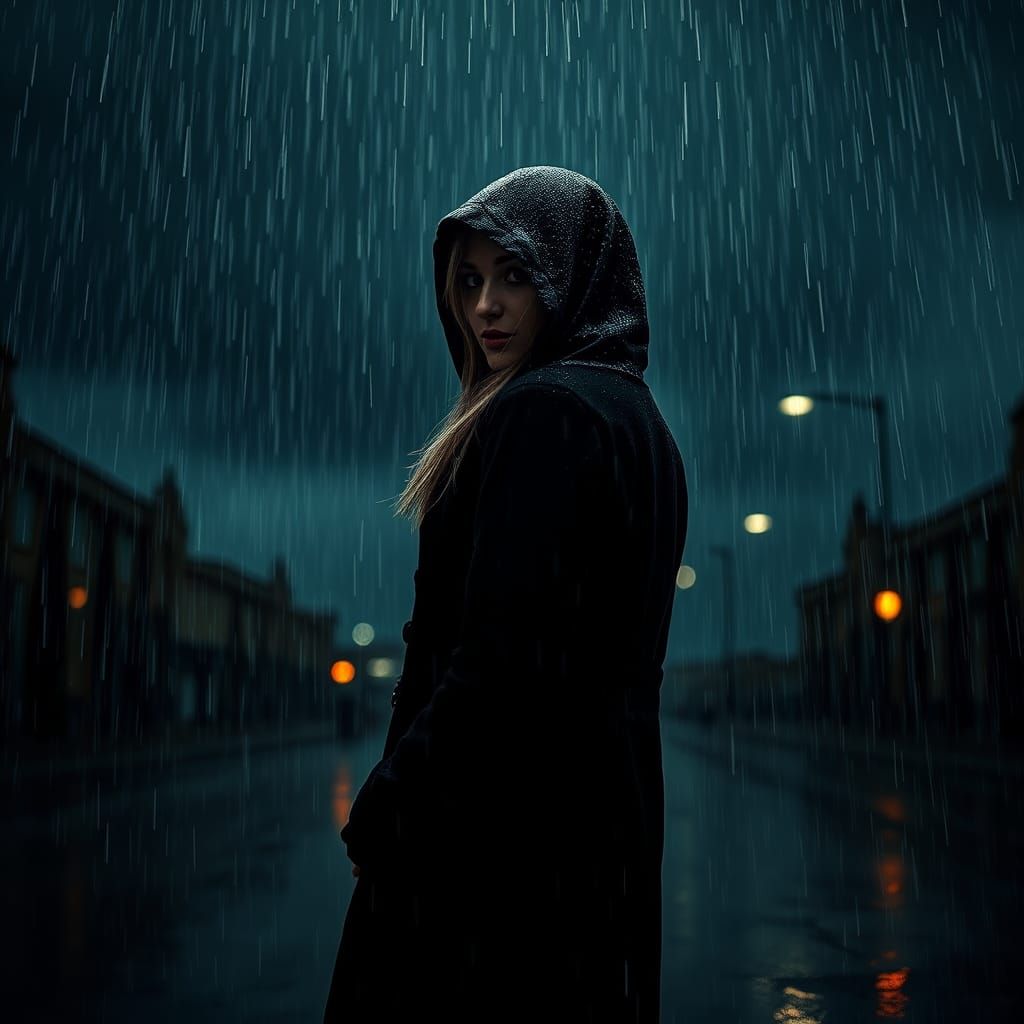 Woman in Acid Rain: Hyperrealistic Cinematic Scene