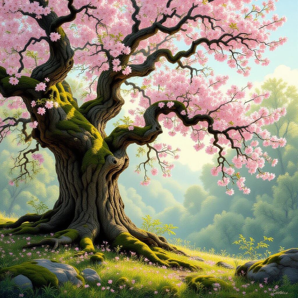 Gnarled Oak in Spring Bloom, Romantic Realist Style