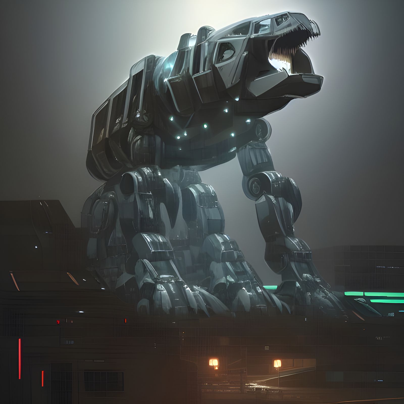 Giant Trex Mecha Robot in Snowy Landscape