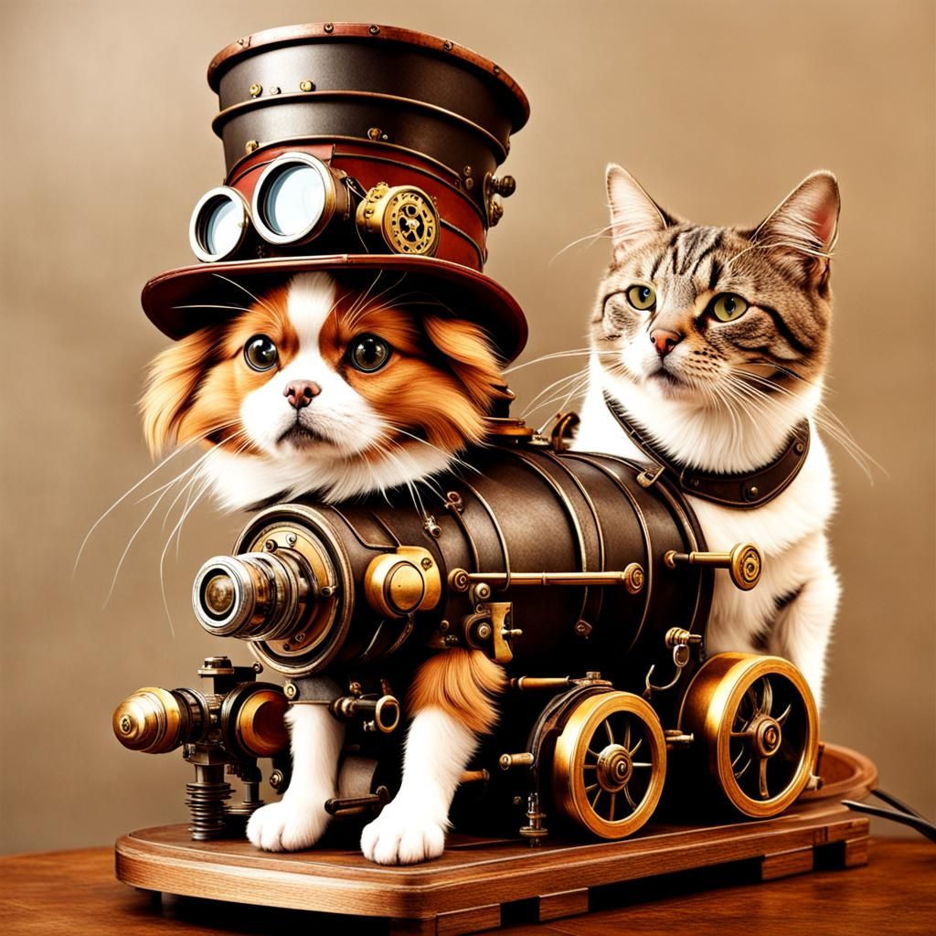 Steampunk Dog and Cat with Engine
