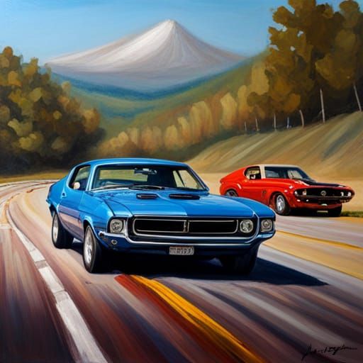 Muscle Car Overtaking: An Oil Painting in Gurney Style