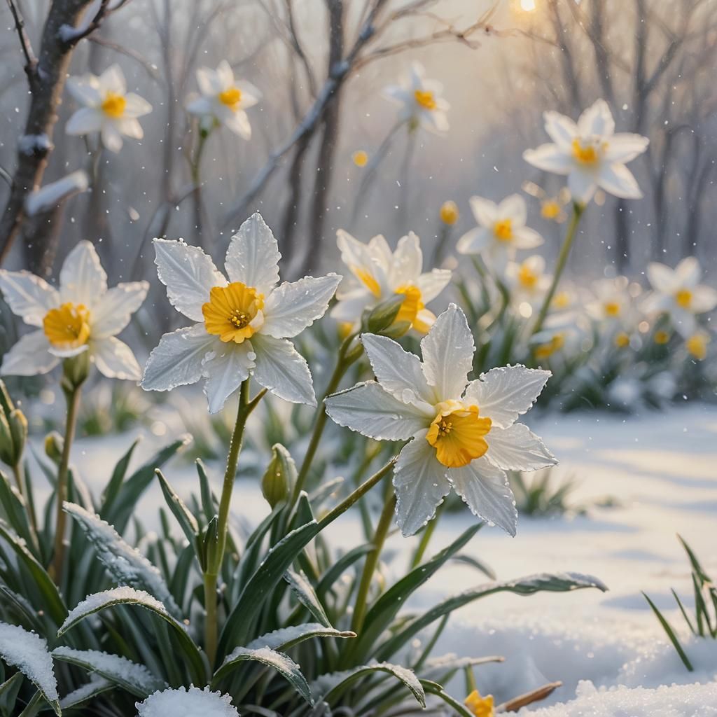 Jonquil Flower in Snow as Impressionist Oil Painting
