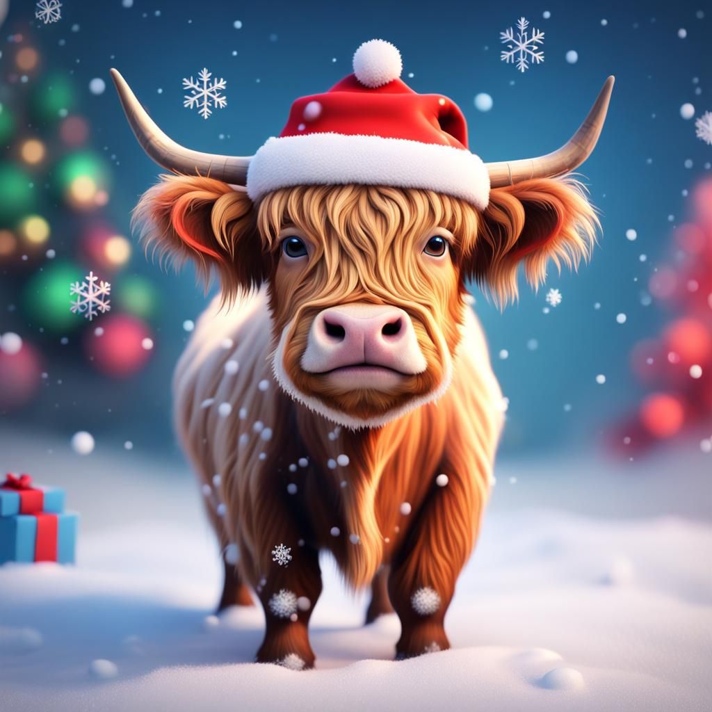 Festive Highland Cow Calf in Winter Snow, 3D Art