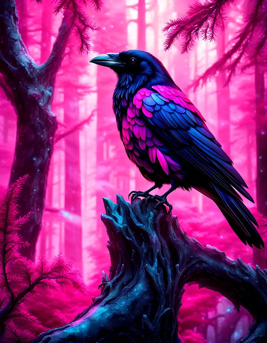 Hot Pink Raven in Mystical Forest