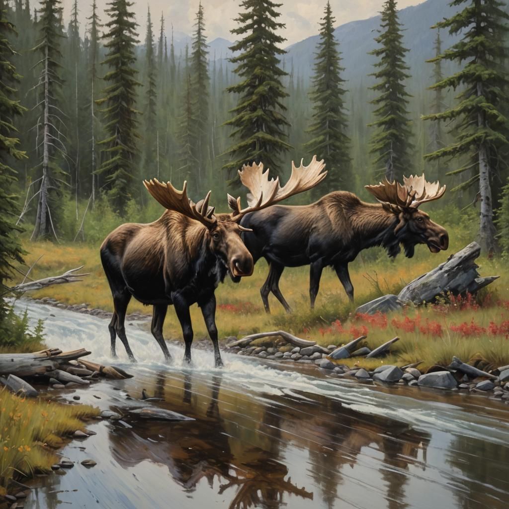 Moose Encounter on Alaskan Highway as Oil Painting