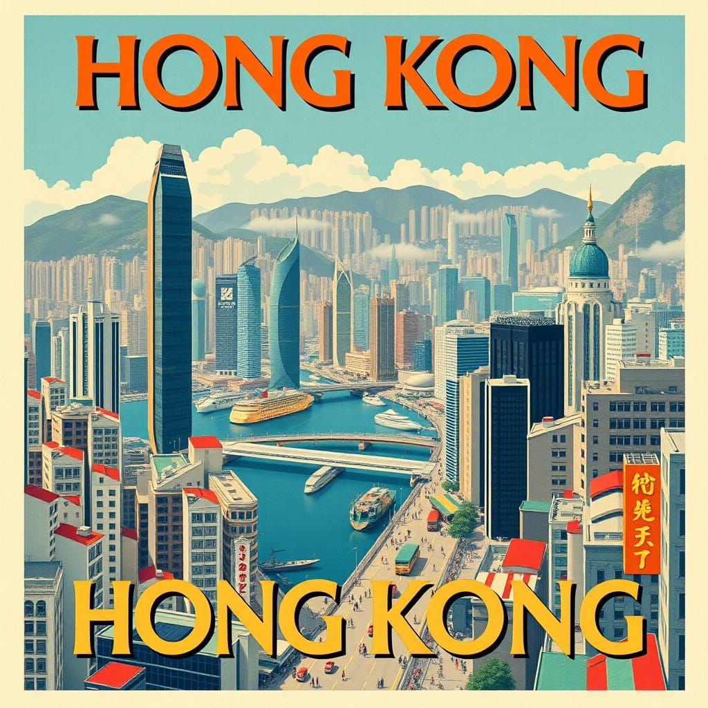 Vintage Travel Poster of Hong Kong Cityscape