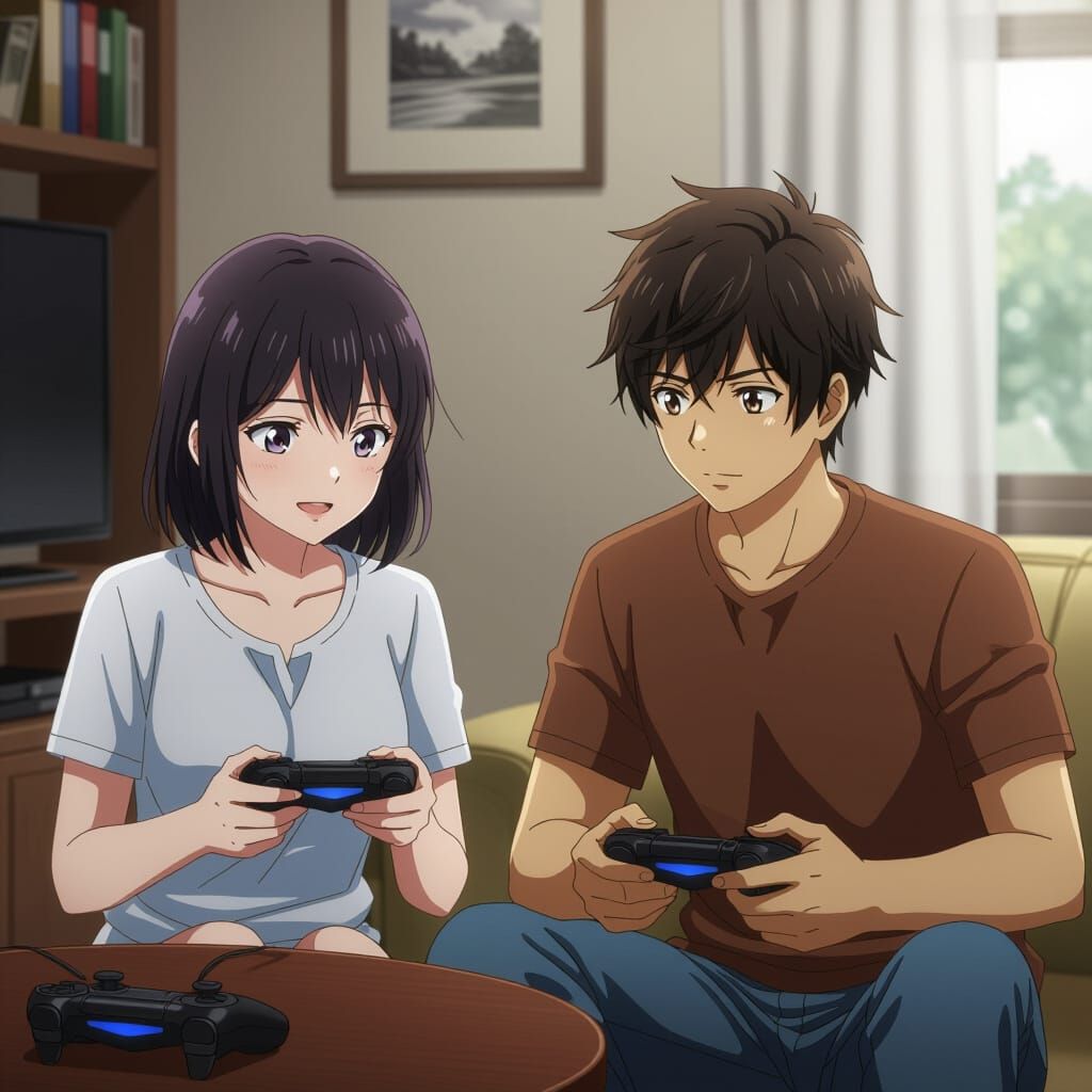 Anime Style: Couple Playing Video Game at Home