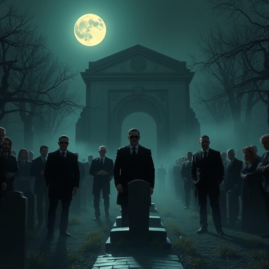 Men in Black Stand Vigil at Futuristic Funeral Rites