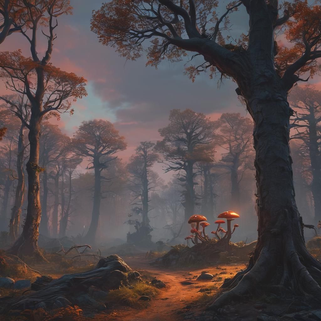 Mystical Forest Landscape at Sunset in Matte Painting Style