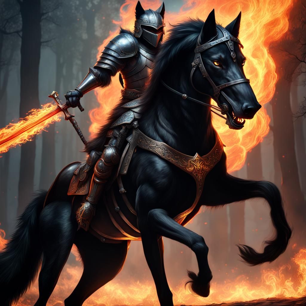 Armored Wolf Knight on Stallion with Flaming Sword
