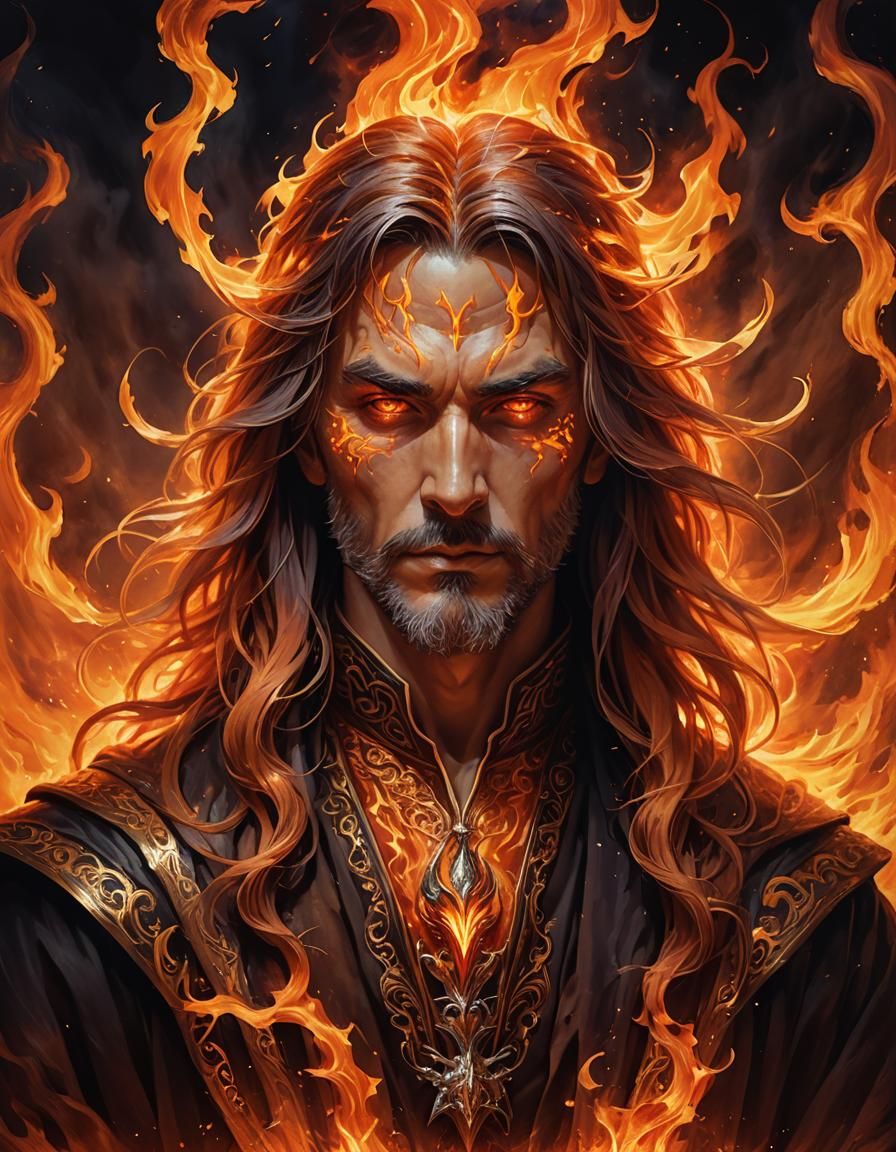 Fiery Sorcerer Portrait with Flowing Fire