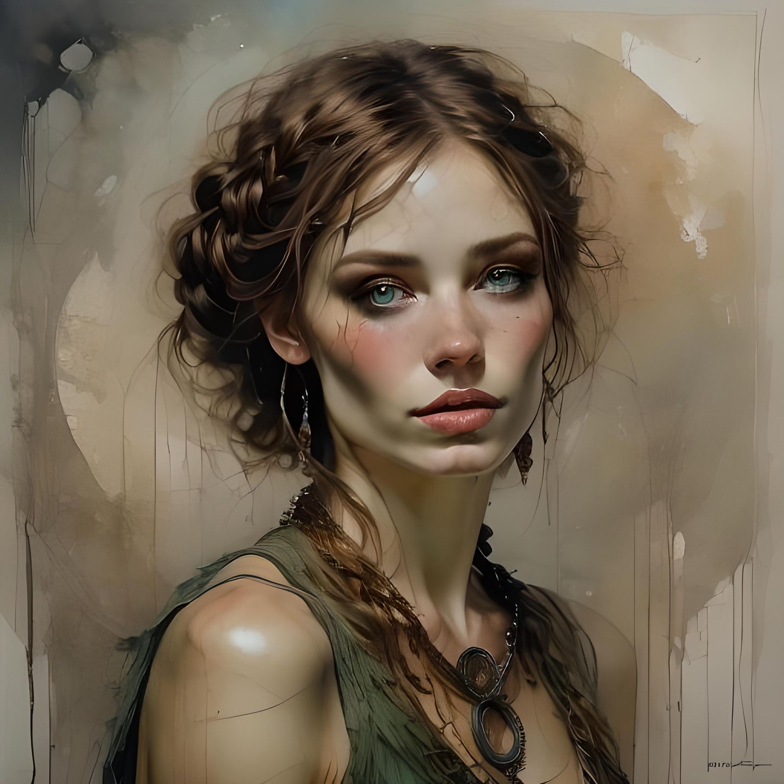 Celtic Woman with Green Eyes in Dark Fantasy Style